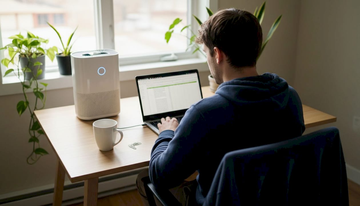 Man working with silent purifier nearby