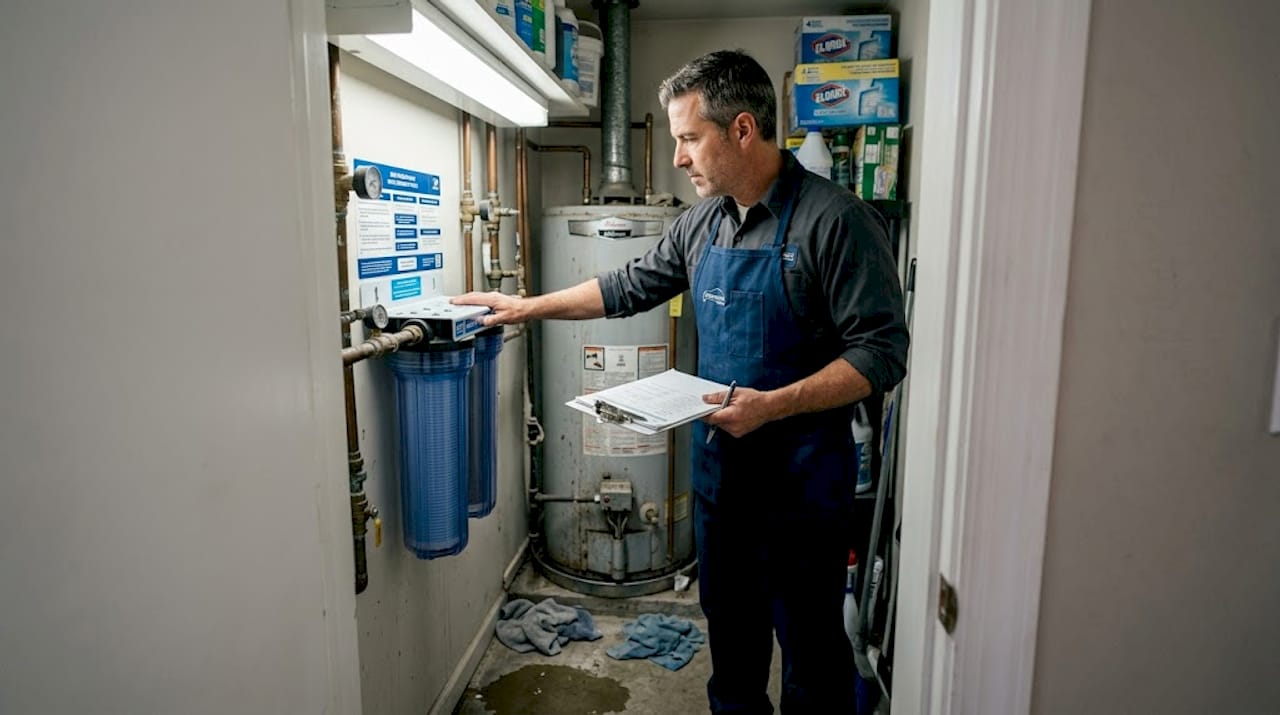 Plumber inspecting sediment filter in utility room