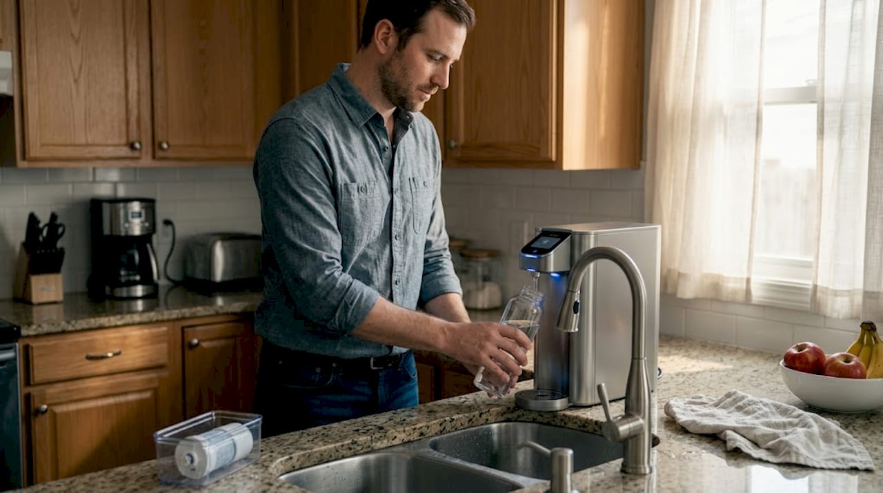 Man refilling bottle at water purifier