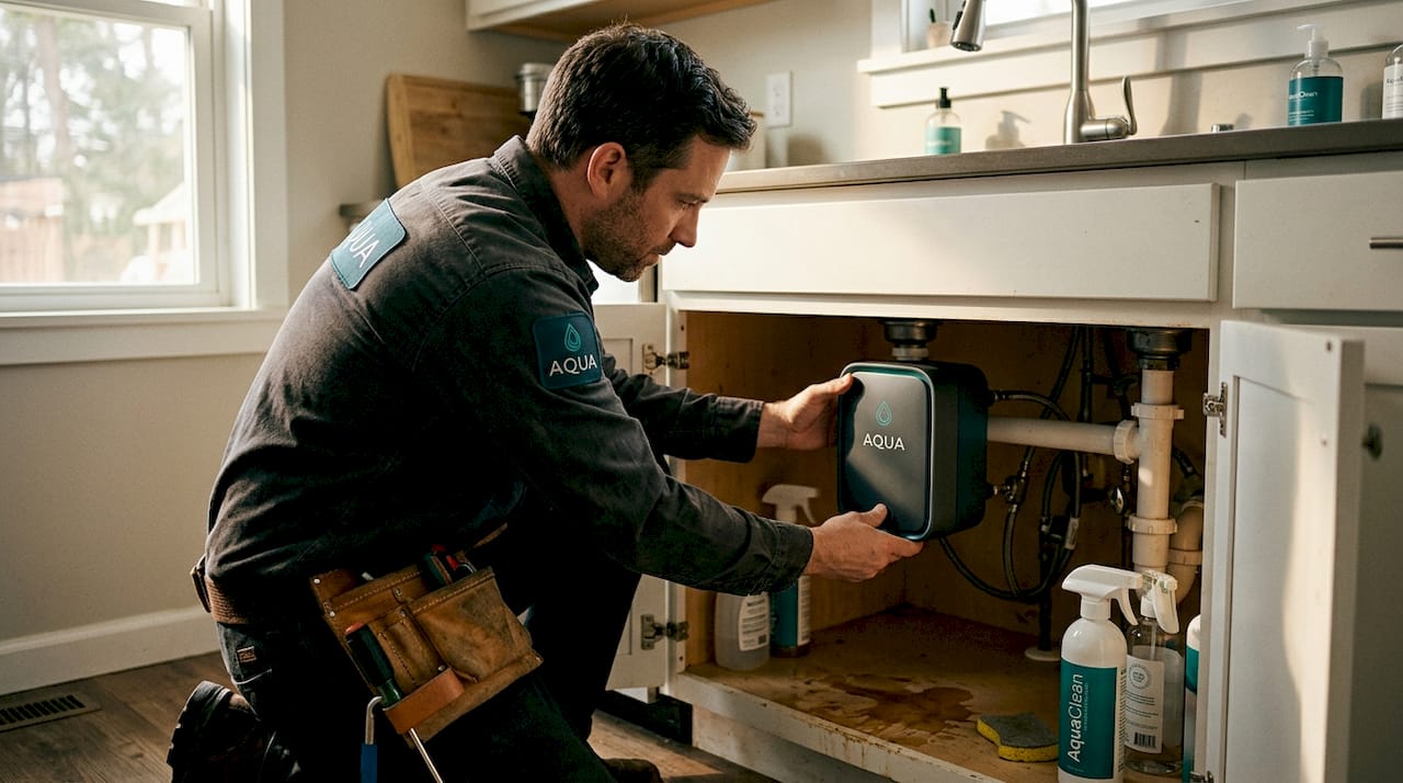 Installer adjusts UV-C water filter under sink