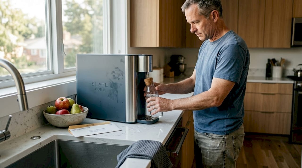 Man filling bottle at countertop water purifier