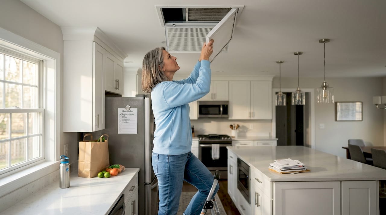 Woman changing HVAC filter in kitchen ceiling