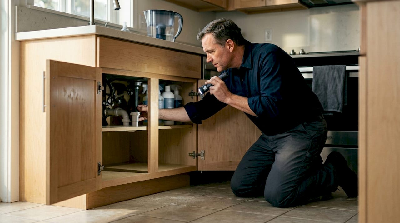Man inspecting plumbing under kitchen sink