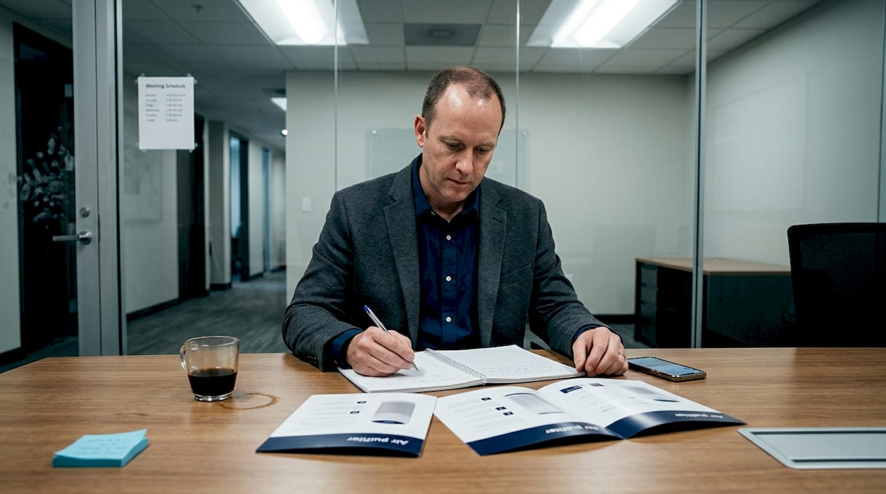 Office supervisor compares air purifier options