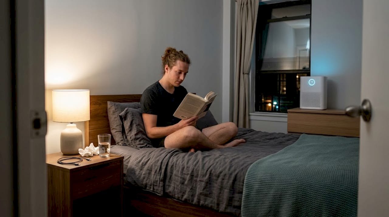 Person reading with quiet bedroom purifier