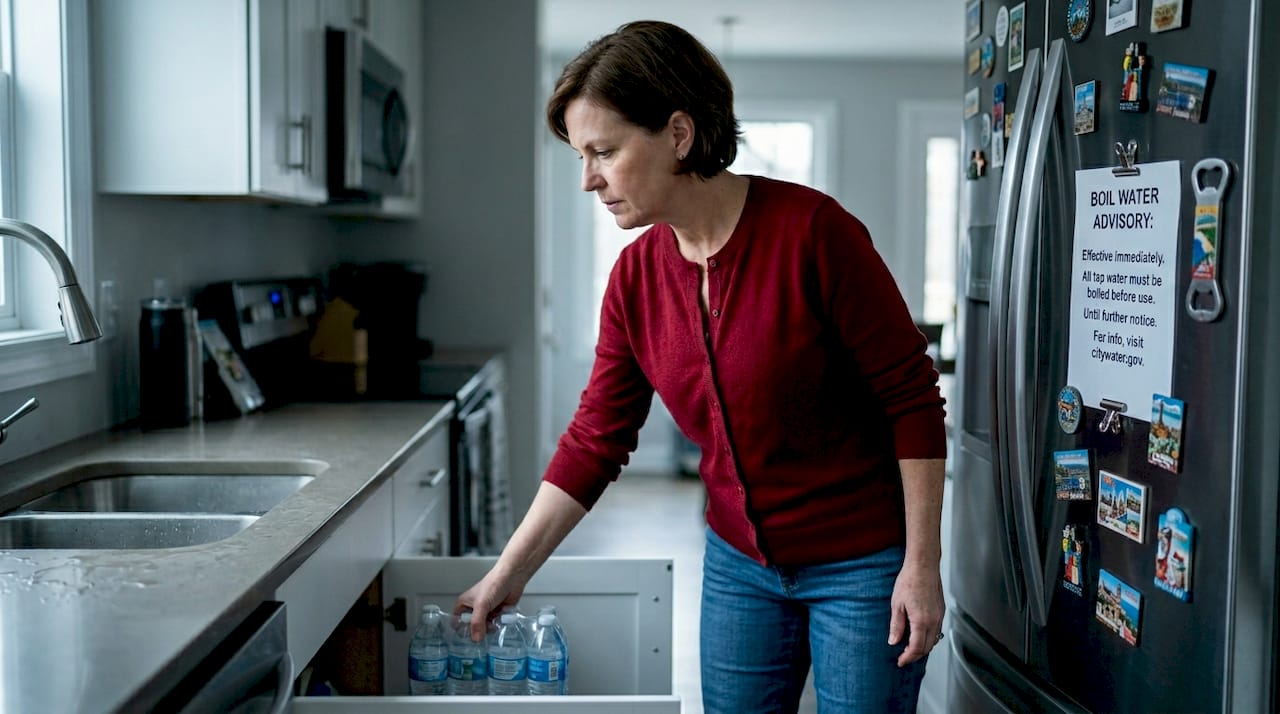 Woman reads emergency boil water advisory