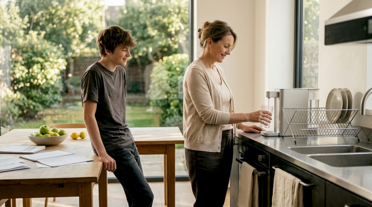 Family using touchless dispenser in kitchen