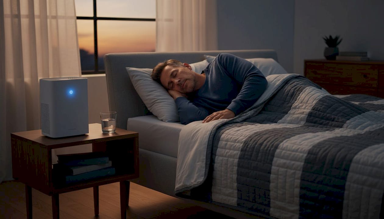 Man sleeping in bedroom with clean air