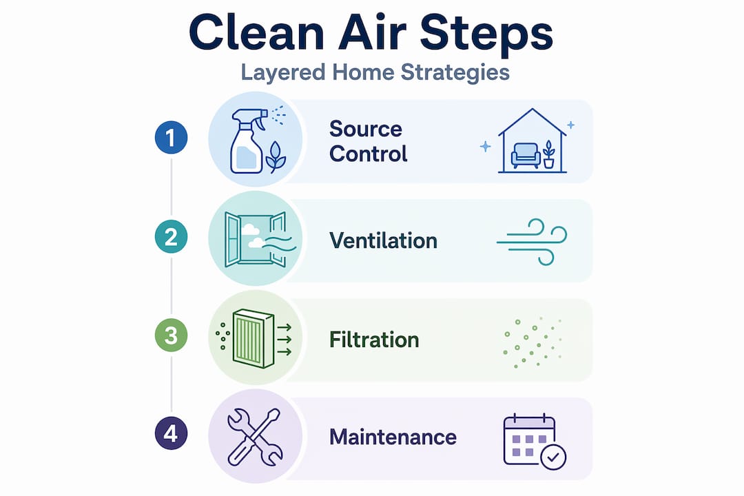 Infographic with four steps for cleaner indoor air