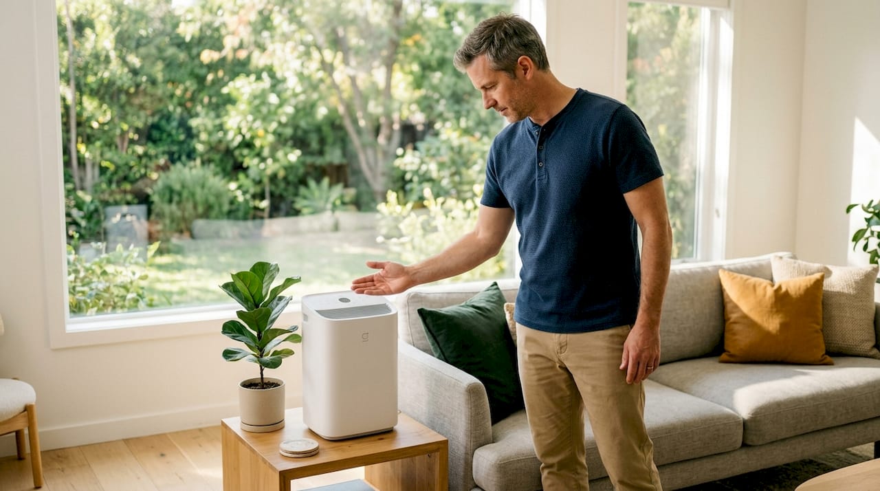 Man checks air purifier airflow at home