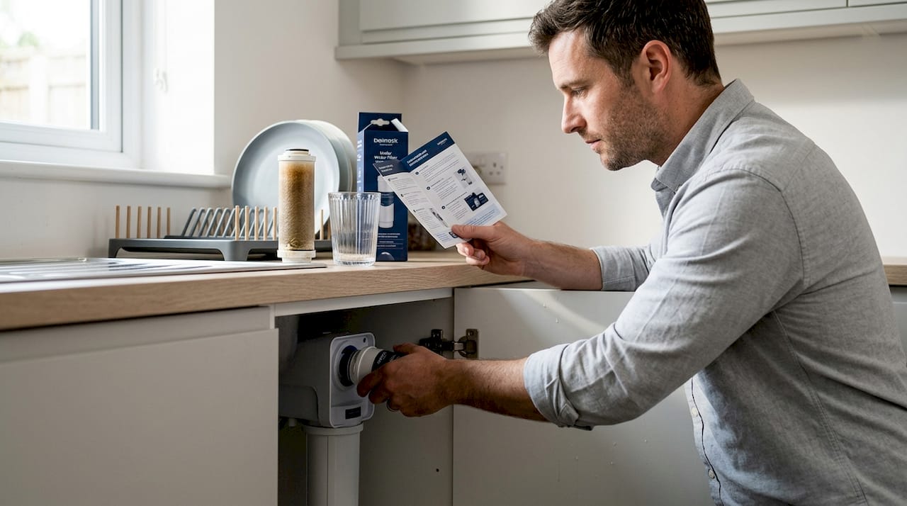 Man installing water filter at kitchen sink
