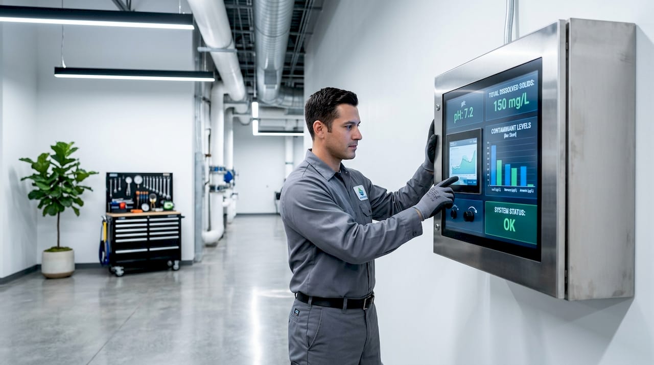 Technician at water monitoring panel in facility