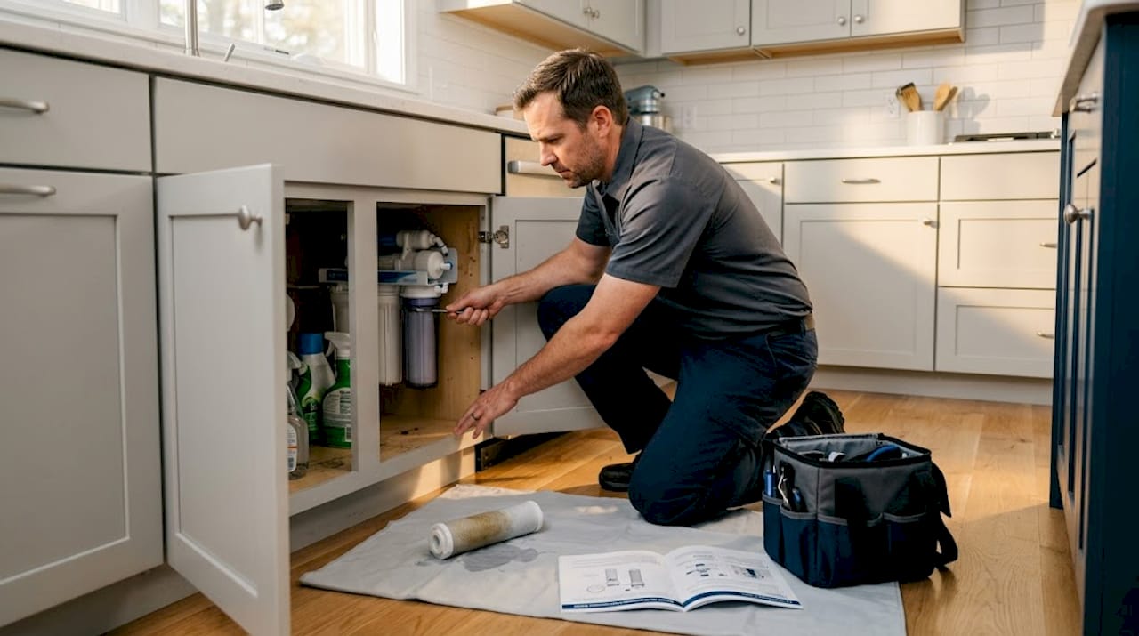 Homeowner changing under-sink water filter
