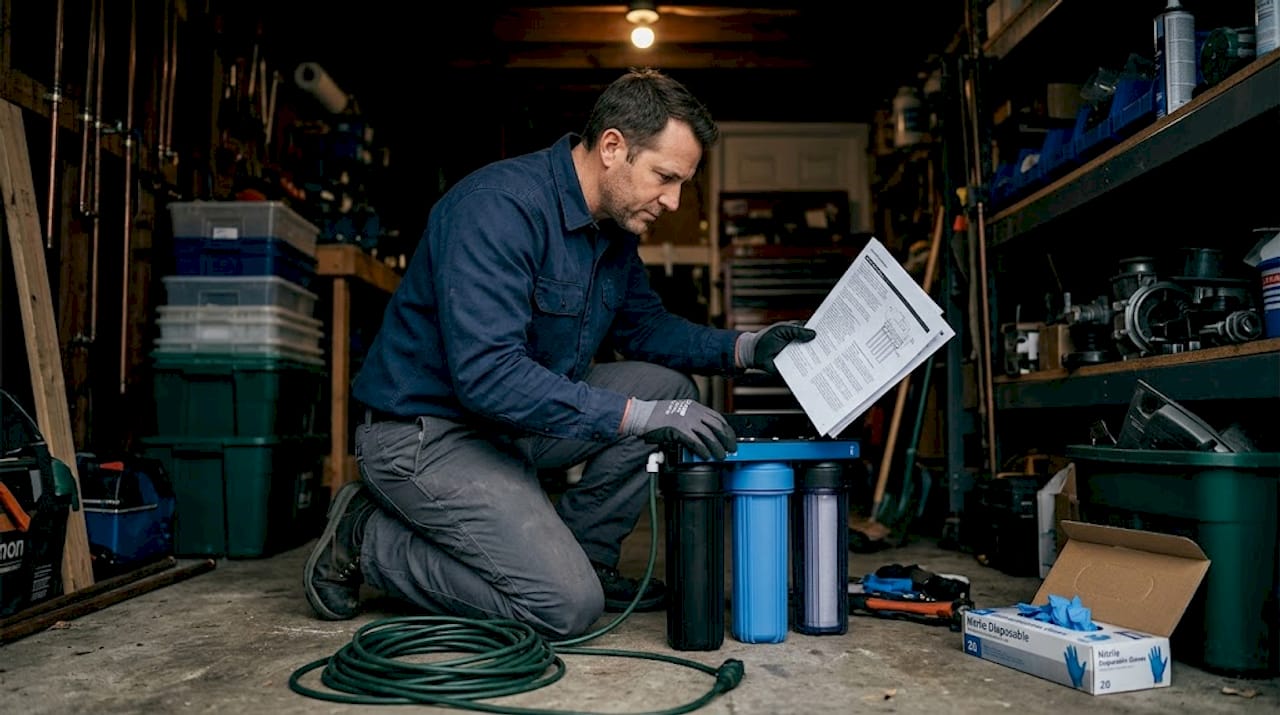 Plumber reviewing water filter mechanism