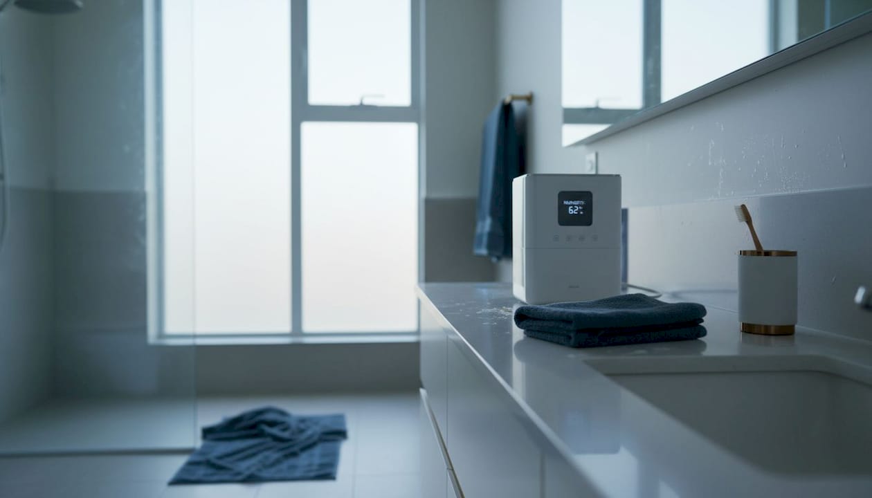Dehumidifier running in a real bathroom
