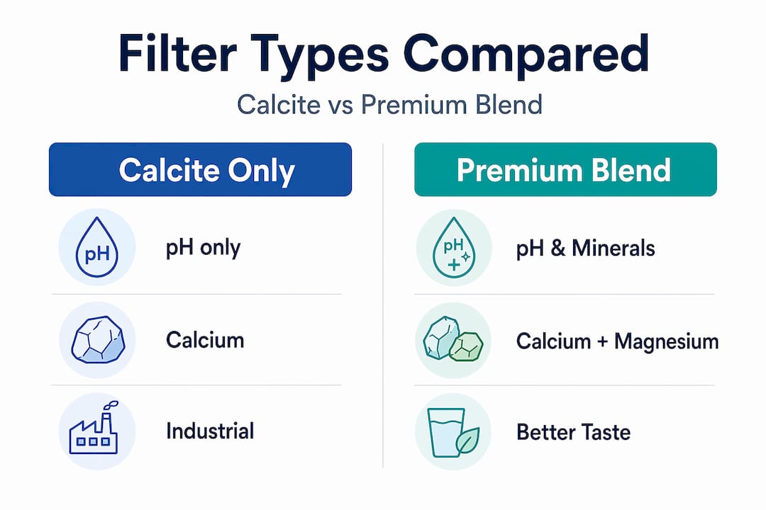 Infographic comparing calcite only vs premium blend filters