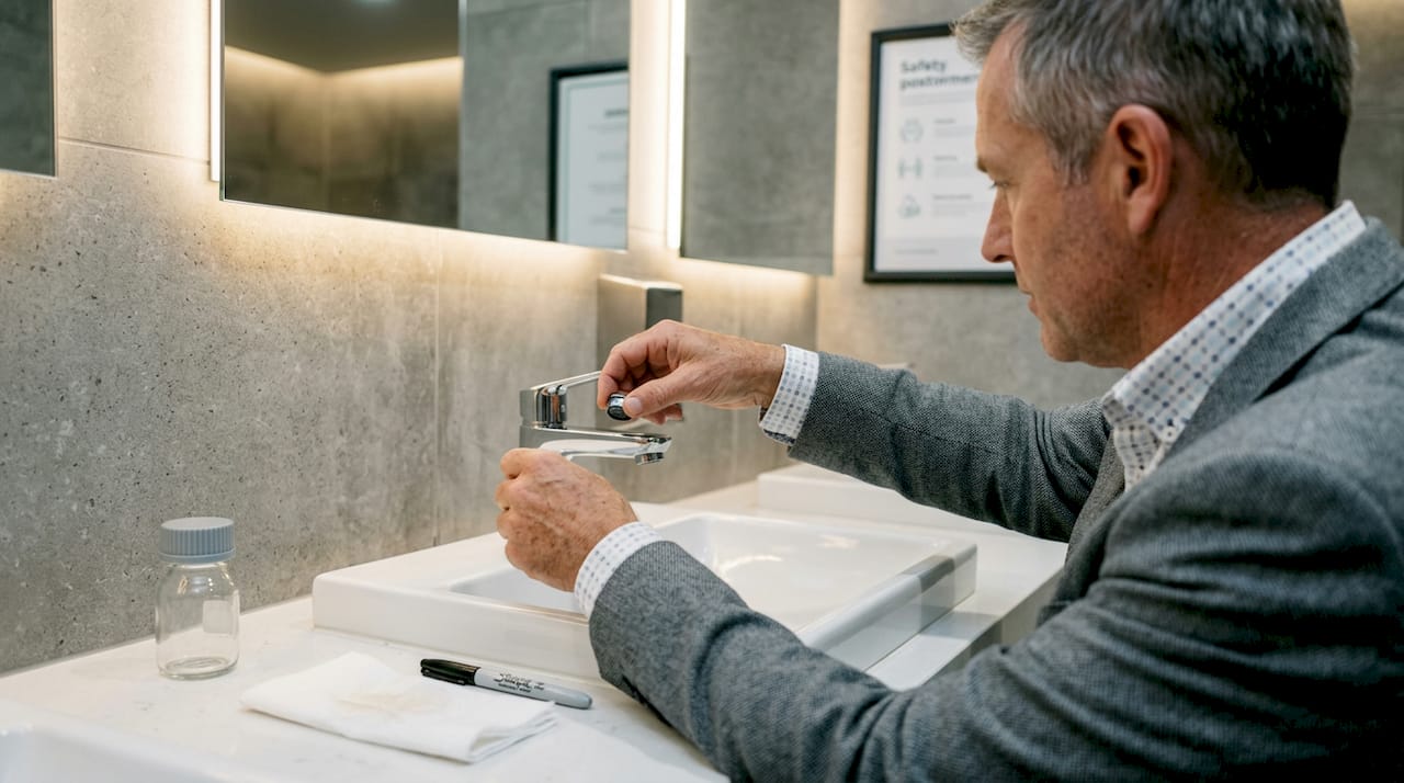Man prepares tap for water sampling in office