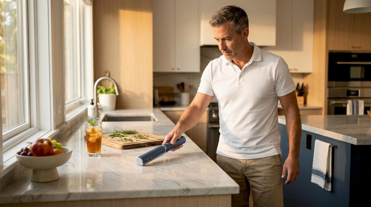 Man using UV wand on kitchen counter