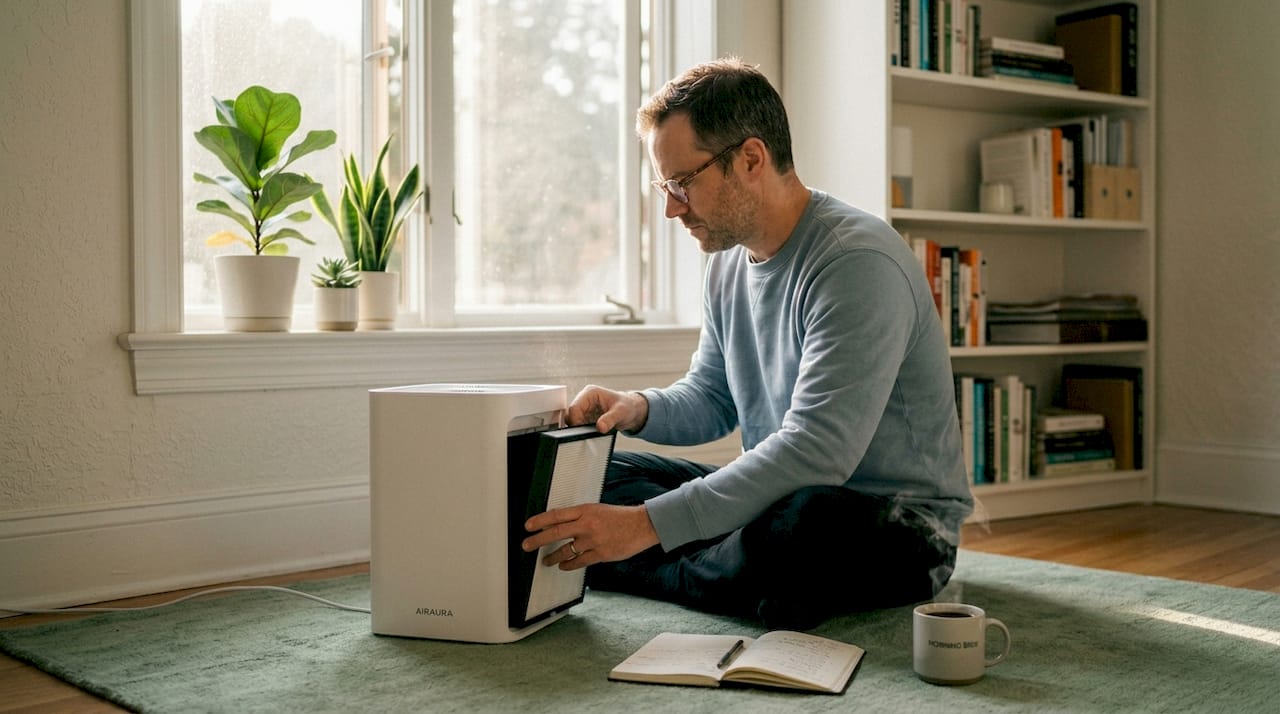 Man replacing air filter for allergies