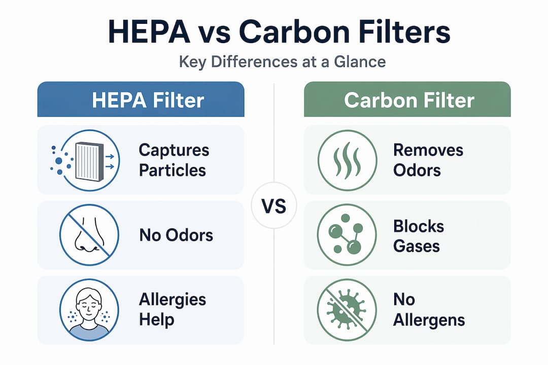 Infographic comparing HEPA and carbon filter functions