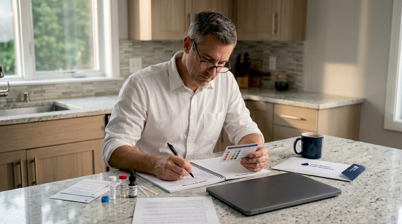 Man recording home water test results