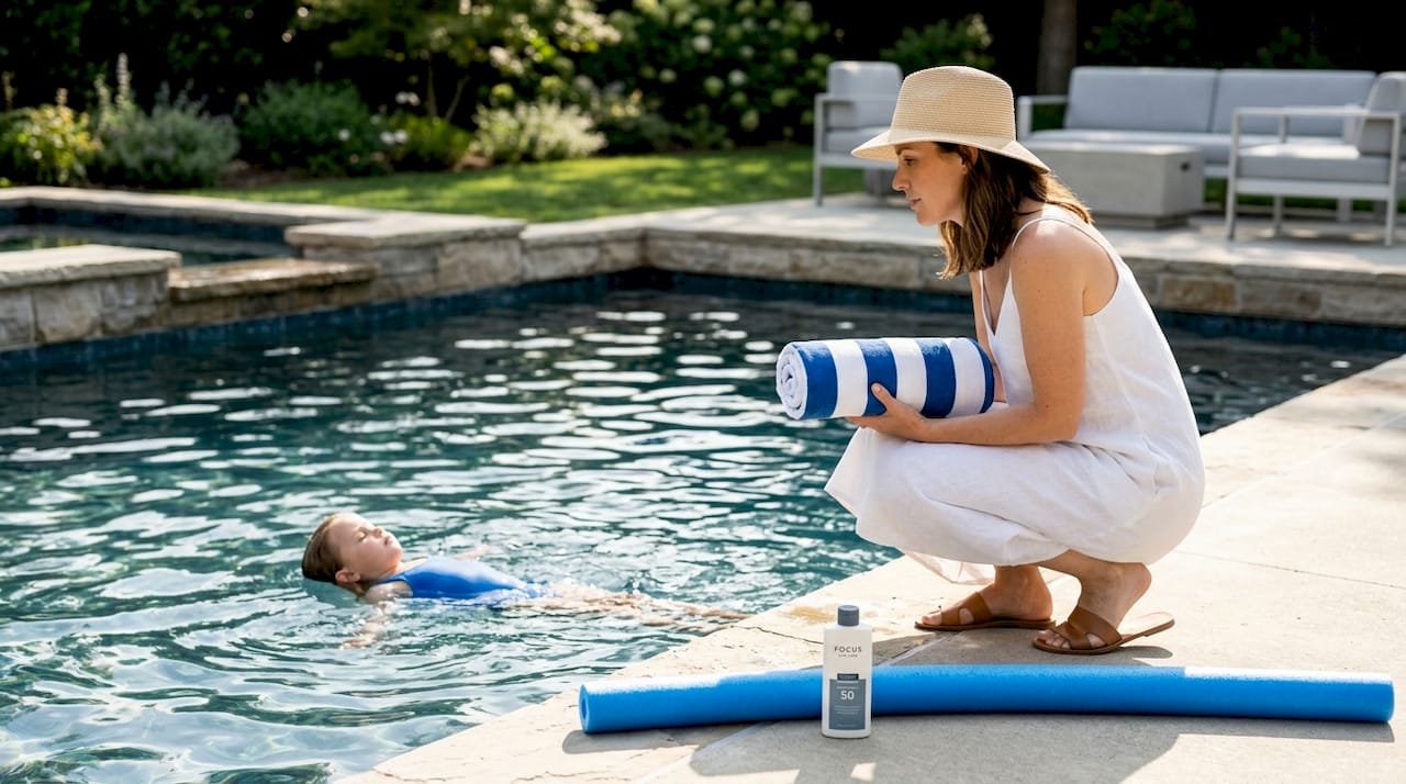 Adult watches child swimming within arm’s reach