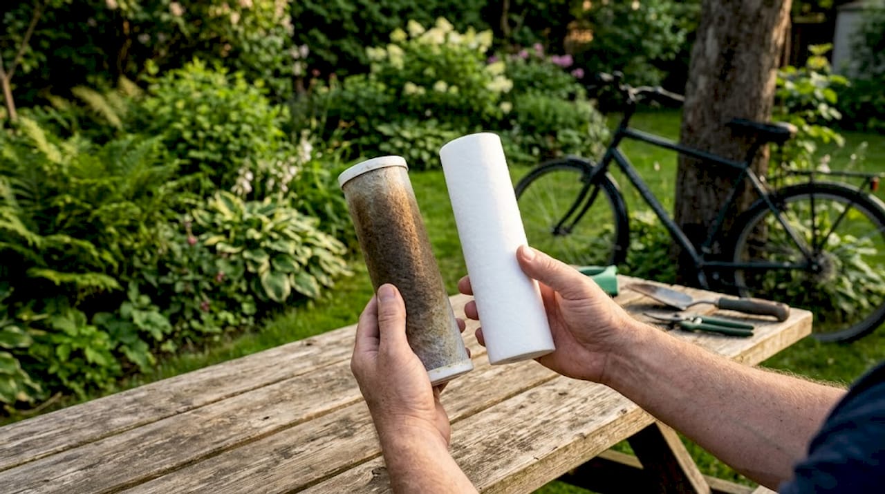 Hands comparing new and used water filters