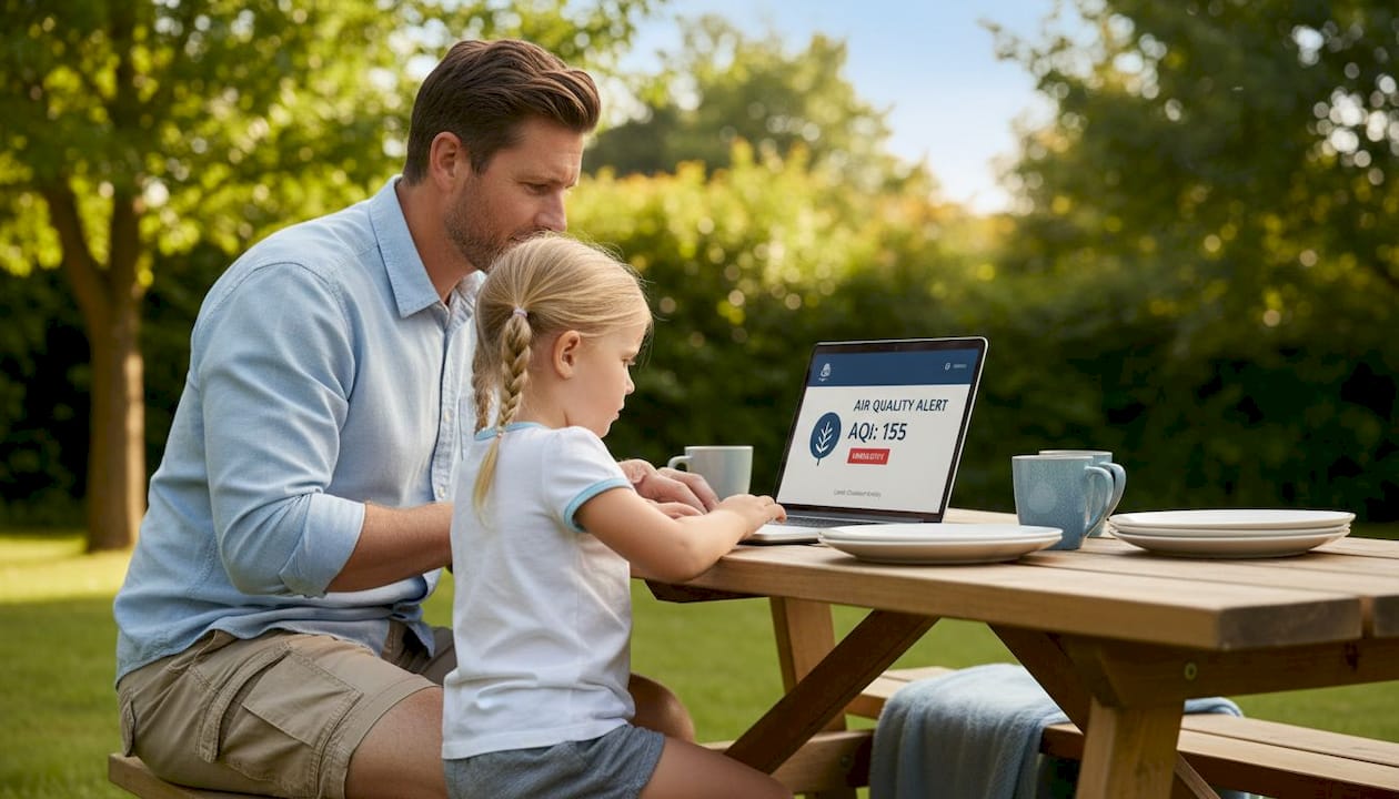 Family viewing air quality alert together