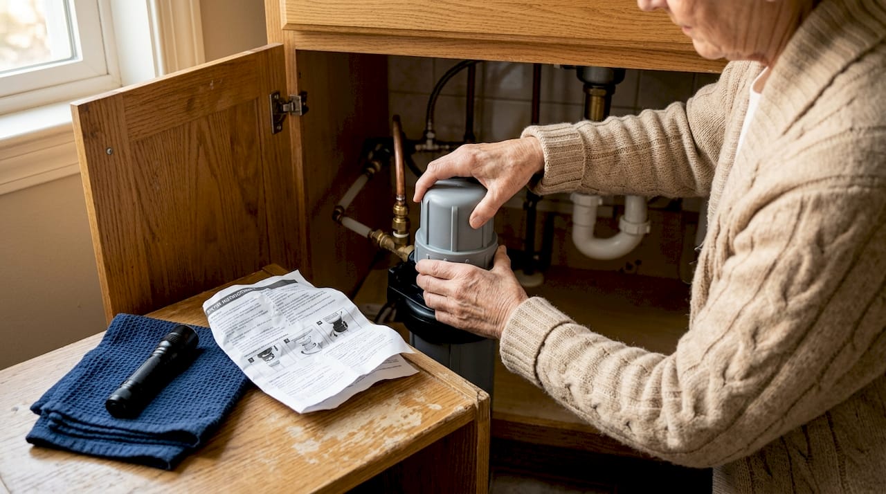 Hands install under-sink carbon filter