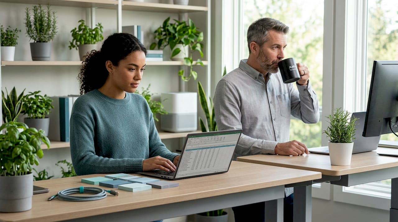 Employees at desks with visible air purifier