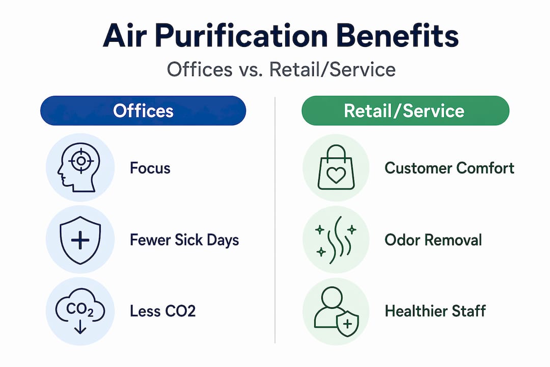 Infographic comparing air purification for offices versus retail