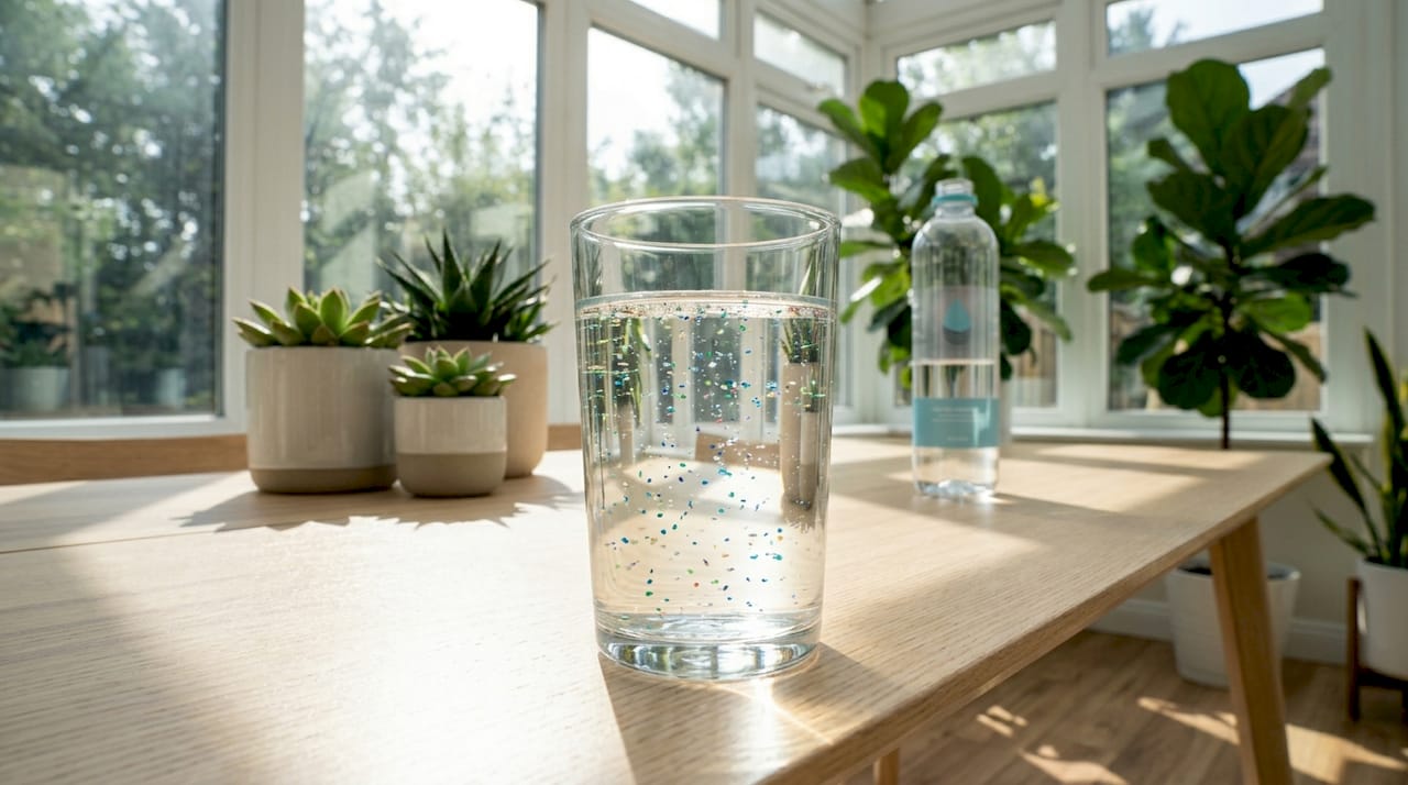 Glass of bottled water with visible microplastics