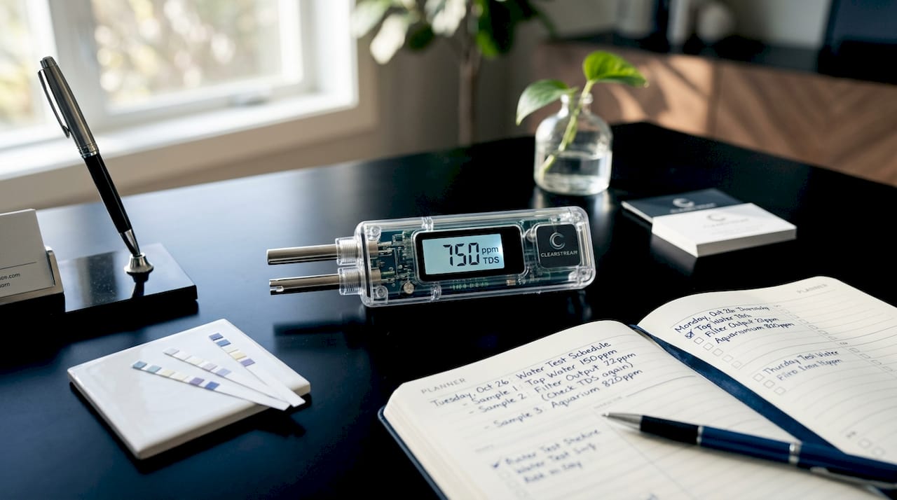 Close-up of portable conductivity TDS meter on table