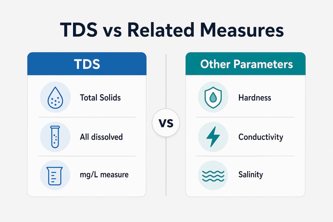 Infographic comparing TDS to hardness, conductivity, and salinity