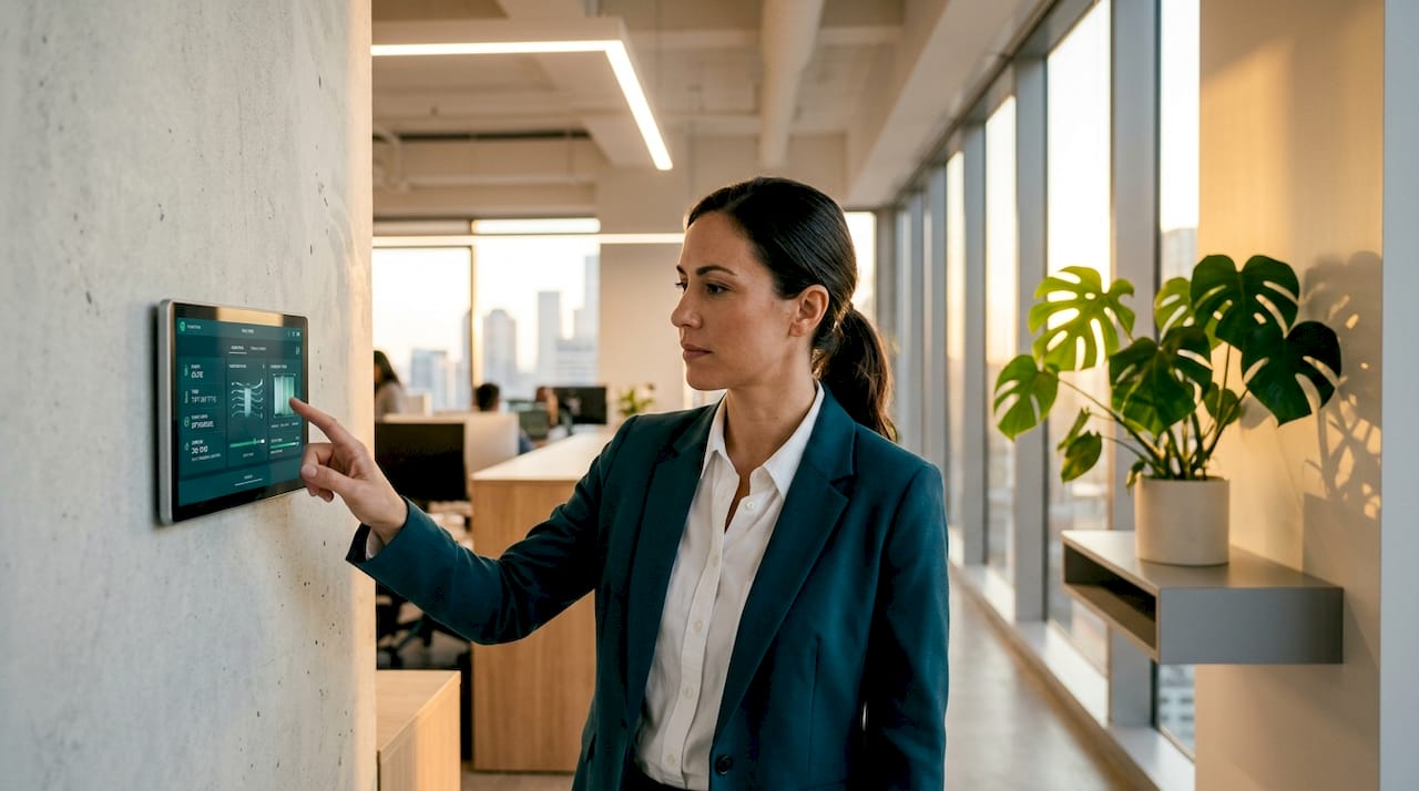 Hand adjusting digital HVAC controls in office