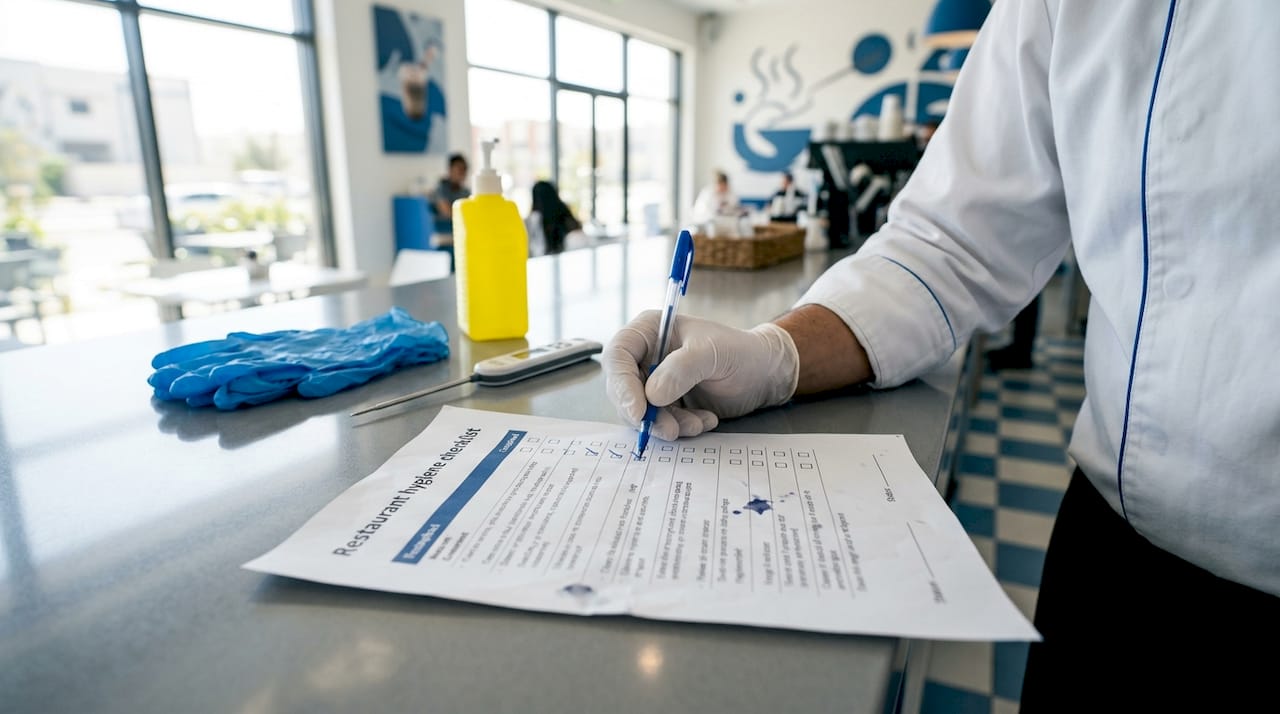 Chef marking restaurant hygiene checklist