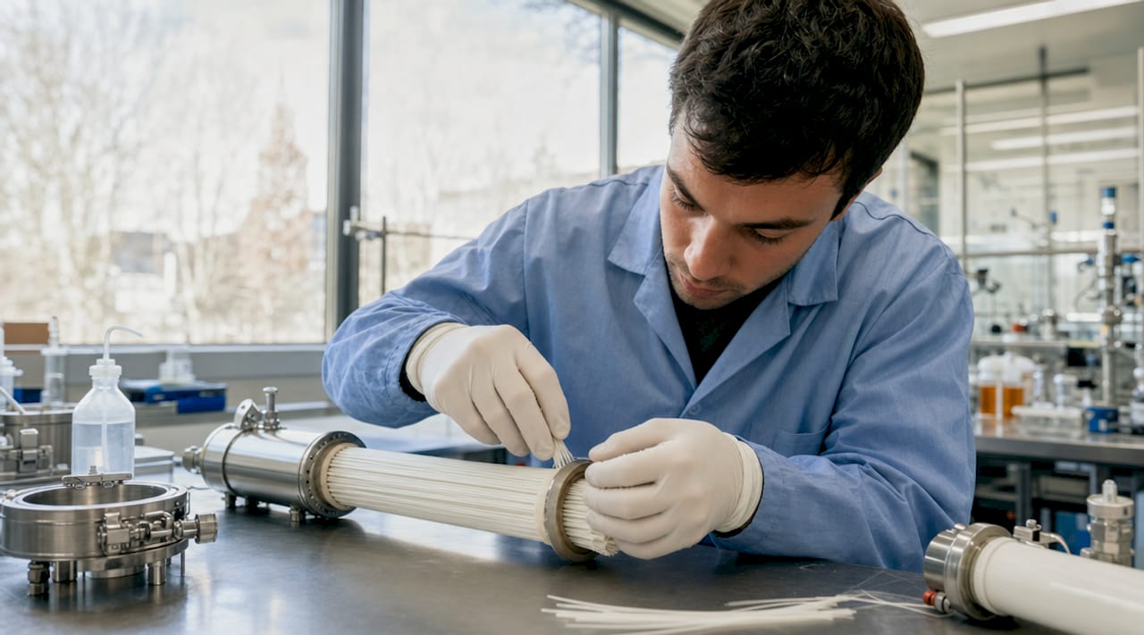 Technician assembling ultrafiltration membrane module