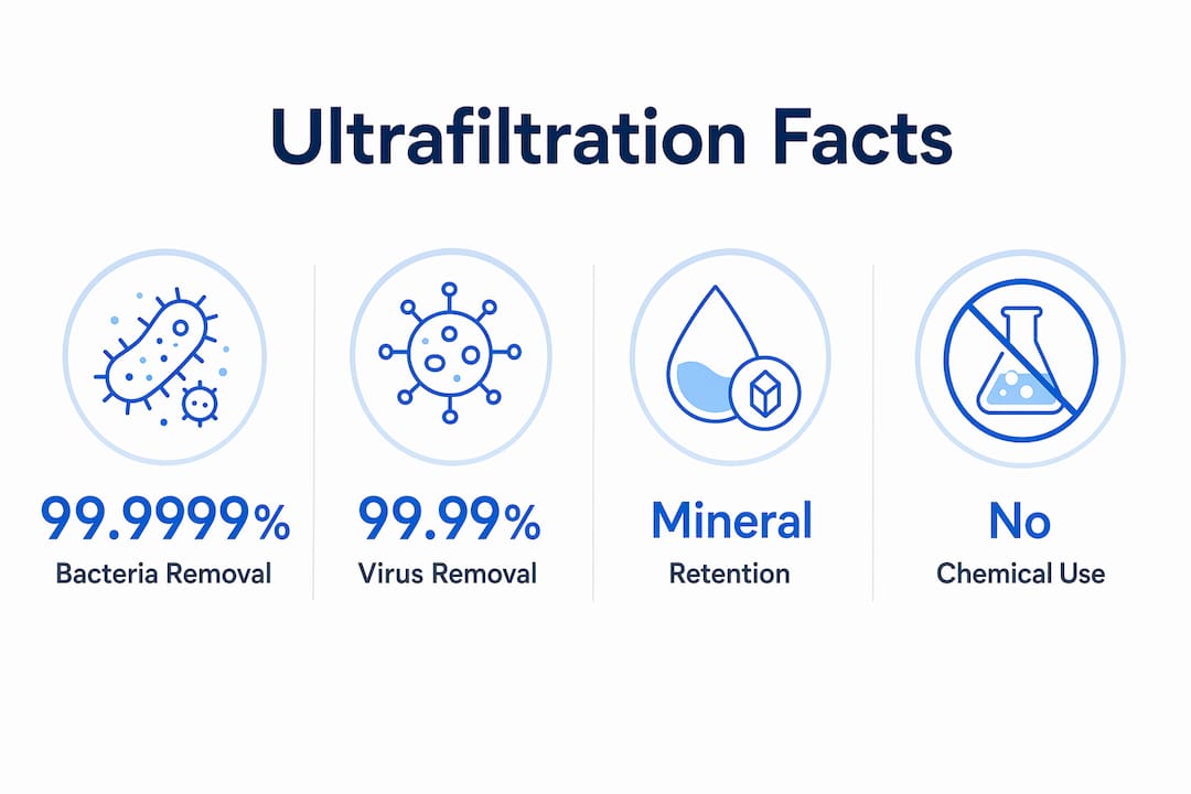 Infographic showing ultrafiltration benefits with removal percentages and features