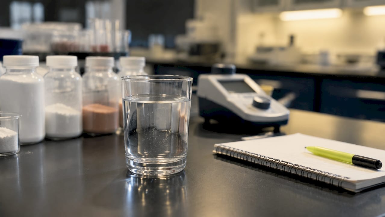 Glass of mineral water with lab equipment close-up