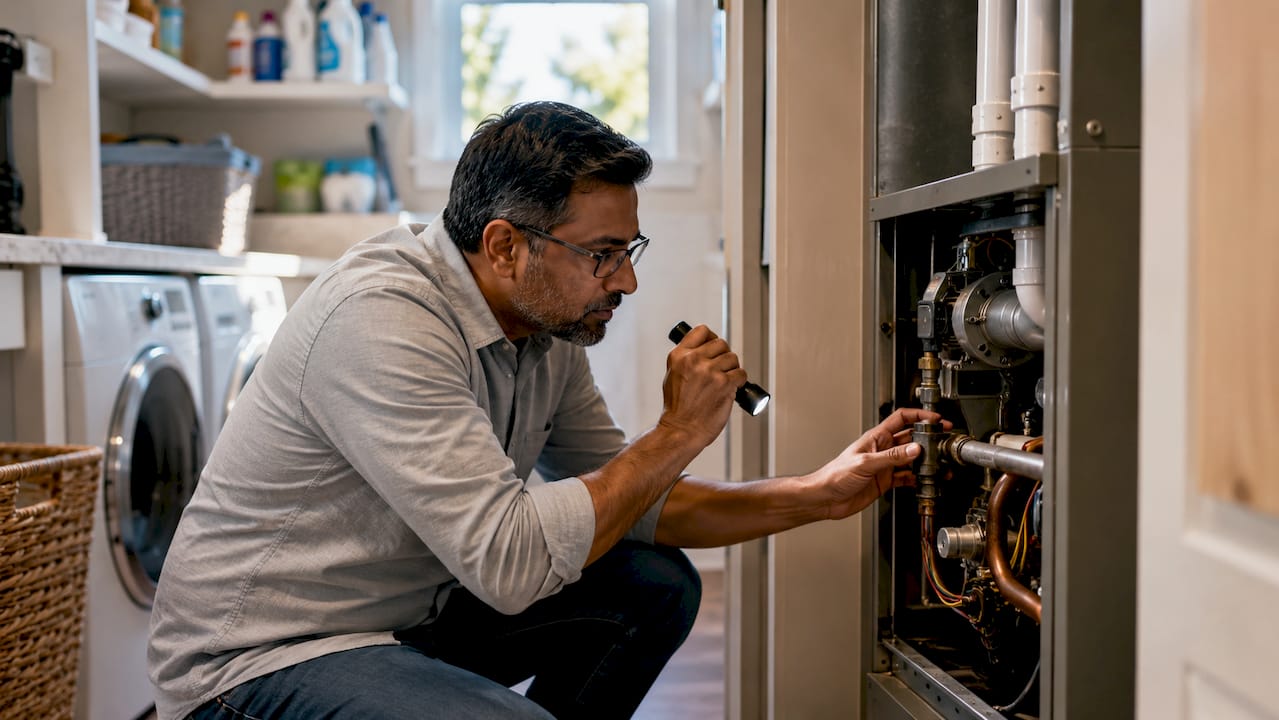 Man inspecting gas furnace in kitchen