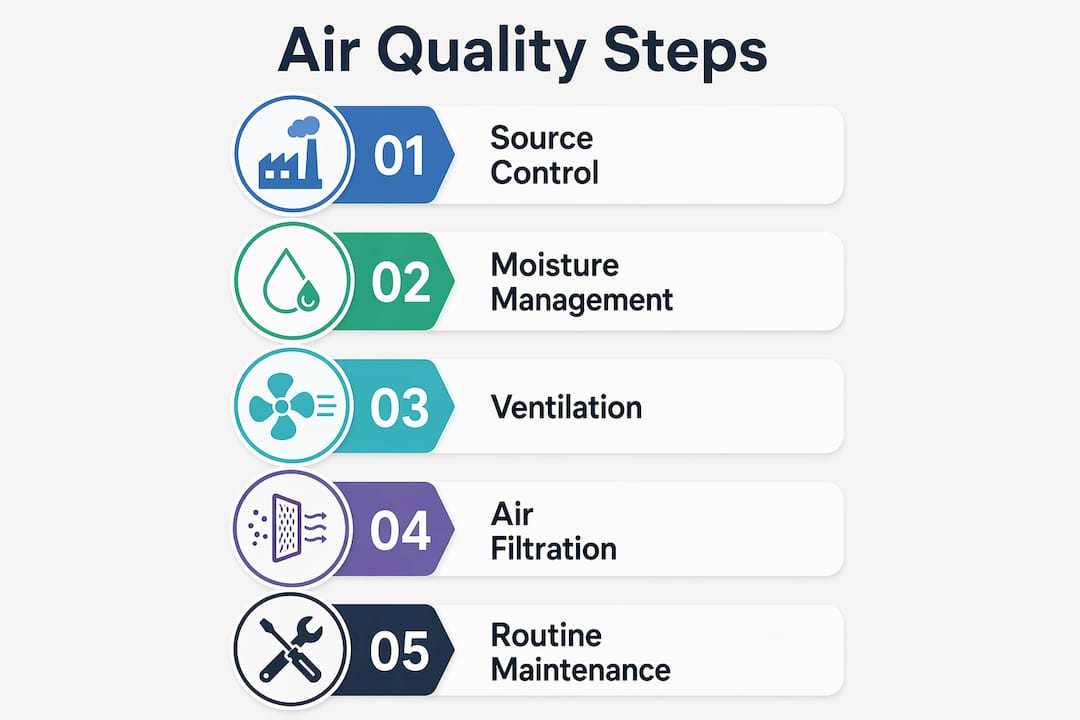 Infographic showing five key steps to maintain home air quality