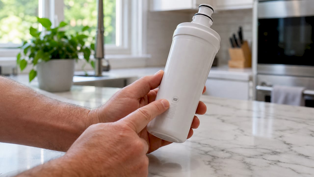 Hands inspecting NSF certification on water filter cartridge