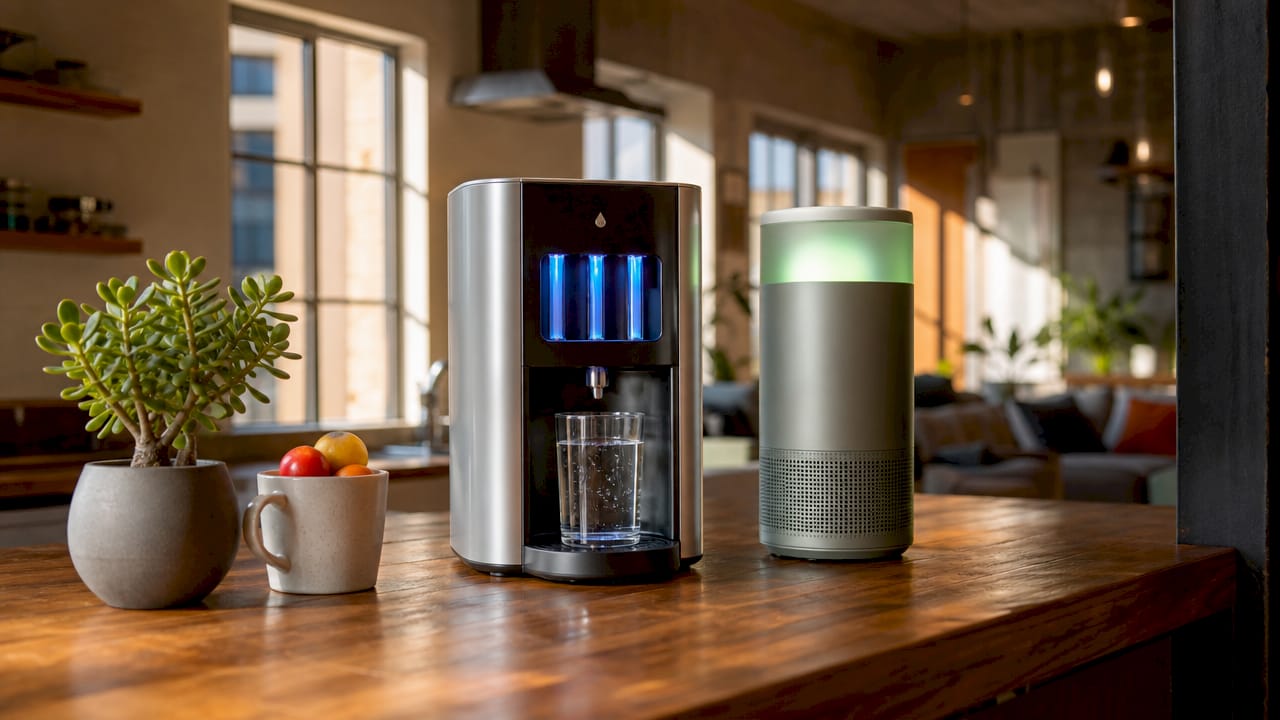 Modern UV air and water purifiers side by side