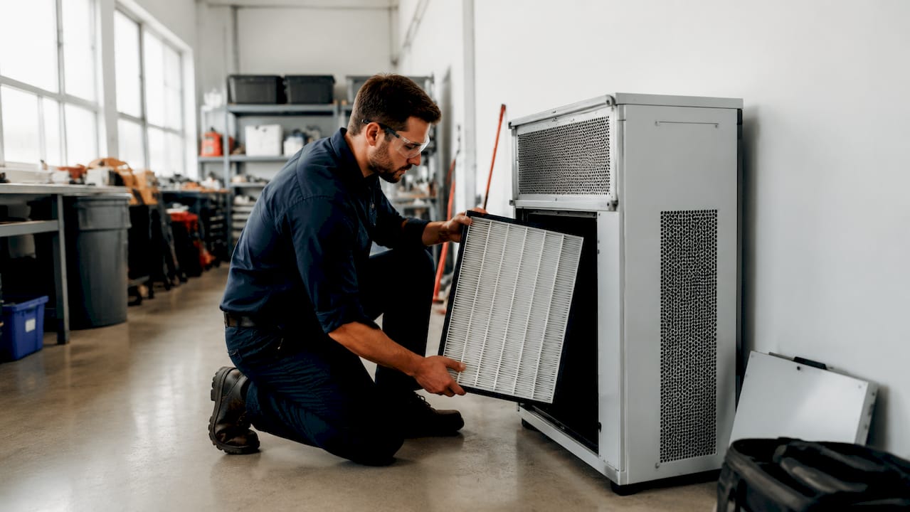 Technician replacing HEPA filter in commercial purifier