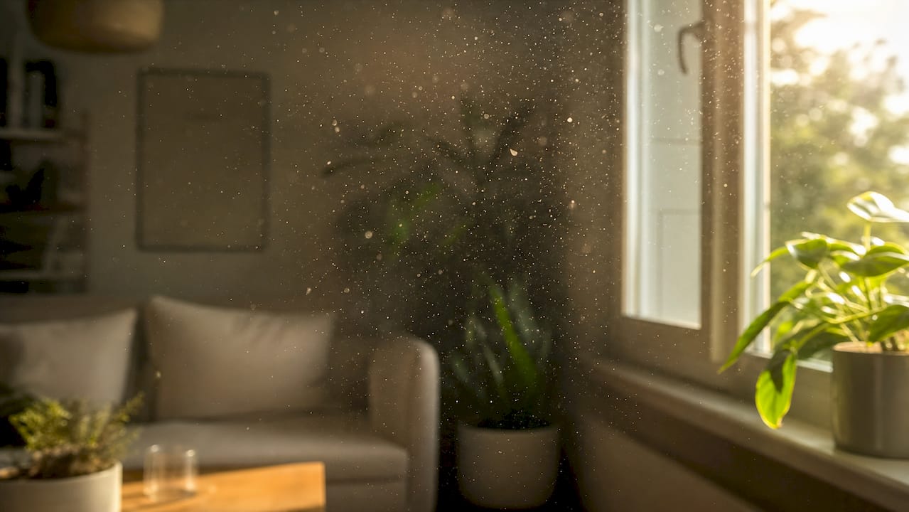 Close-up of airborne allergen particles indoors