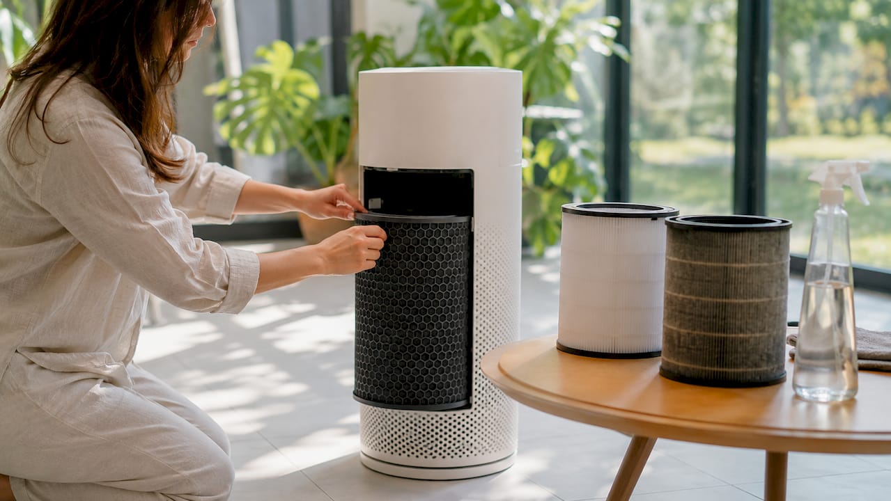 Hands holding new and old air purifier filters