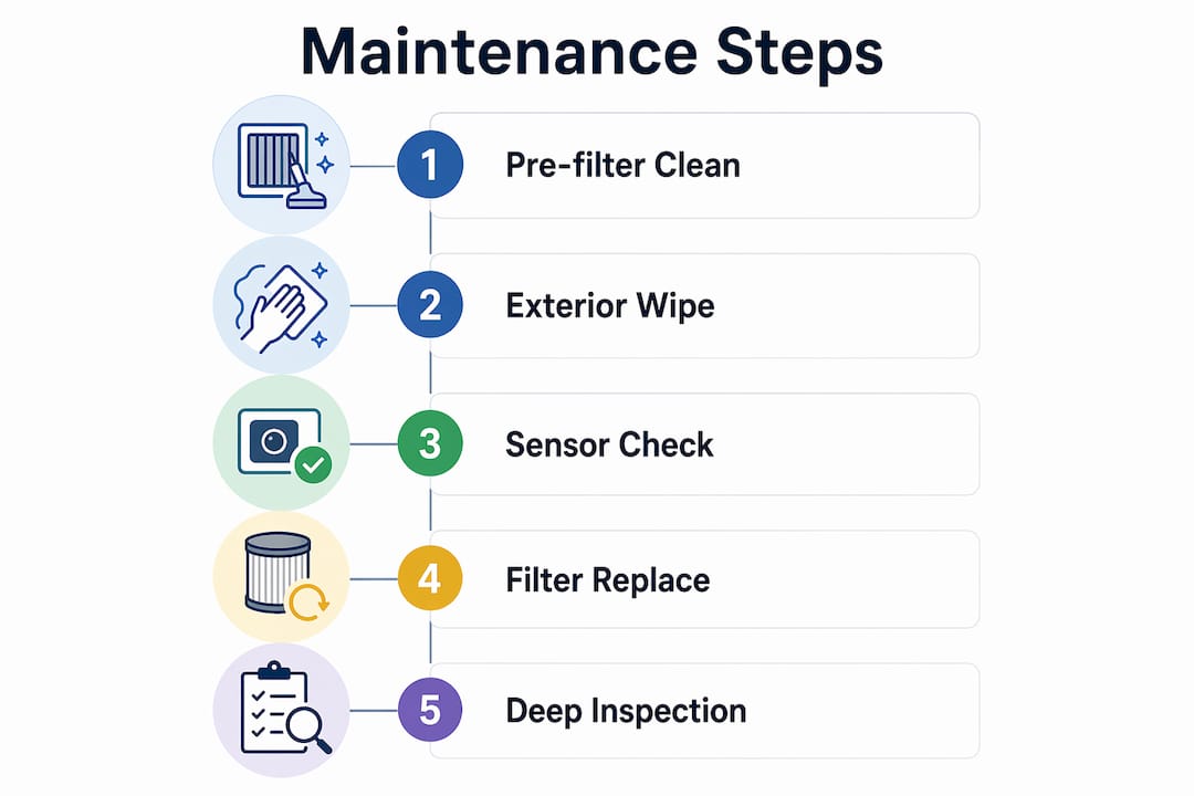 Infographic showing air purifier maintenance steps