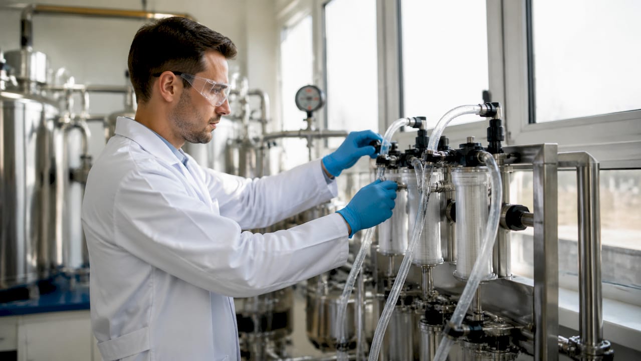 Technician adjusting filtration system in cleanroom