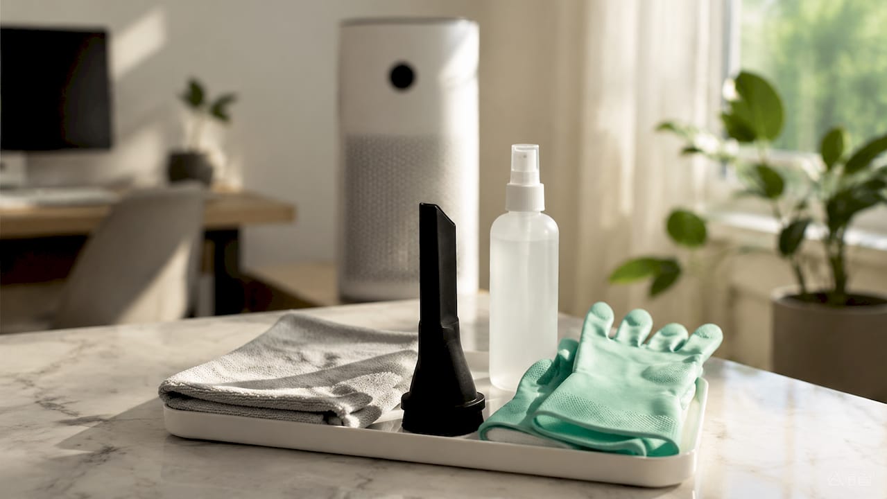 Air purifier cleaning tools kit on counter