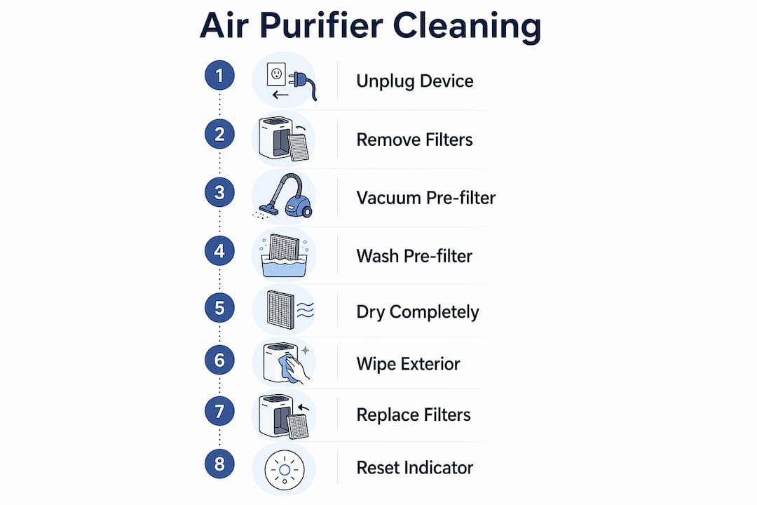 Infographic depicting air purifier cleaning steps